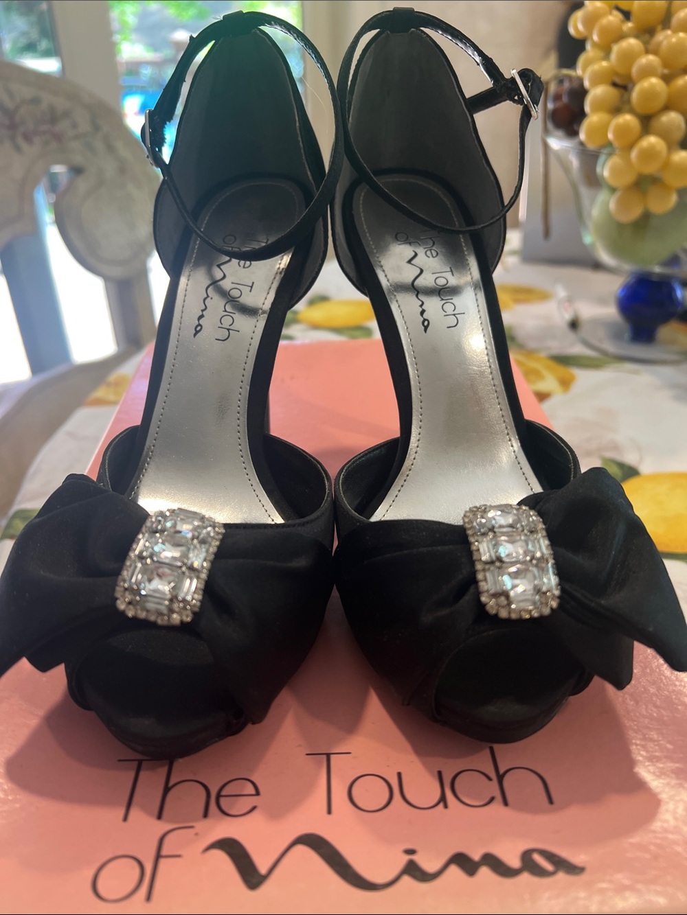 Worn 1x Touch of Nina Black Satin Peep-Toe Heels with Crystal Bow Accent size 7